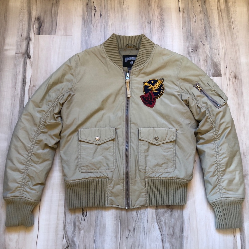 Vintage Rocawear Flight Bomber Jacket M Khaki Military MA-1 Patch Y2K Full Zip